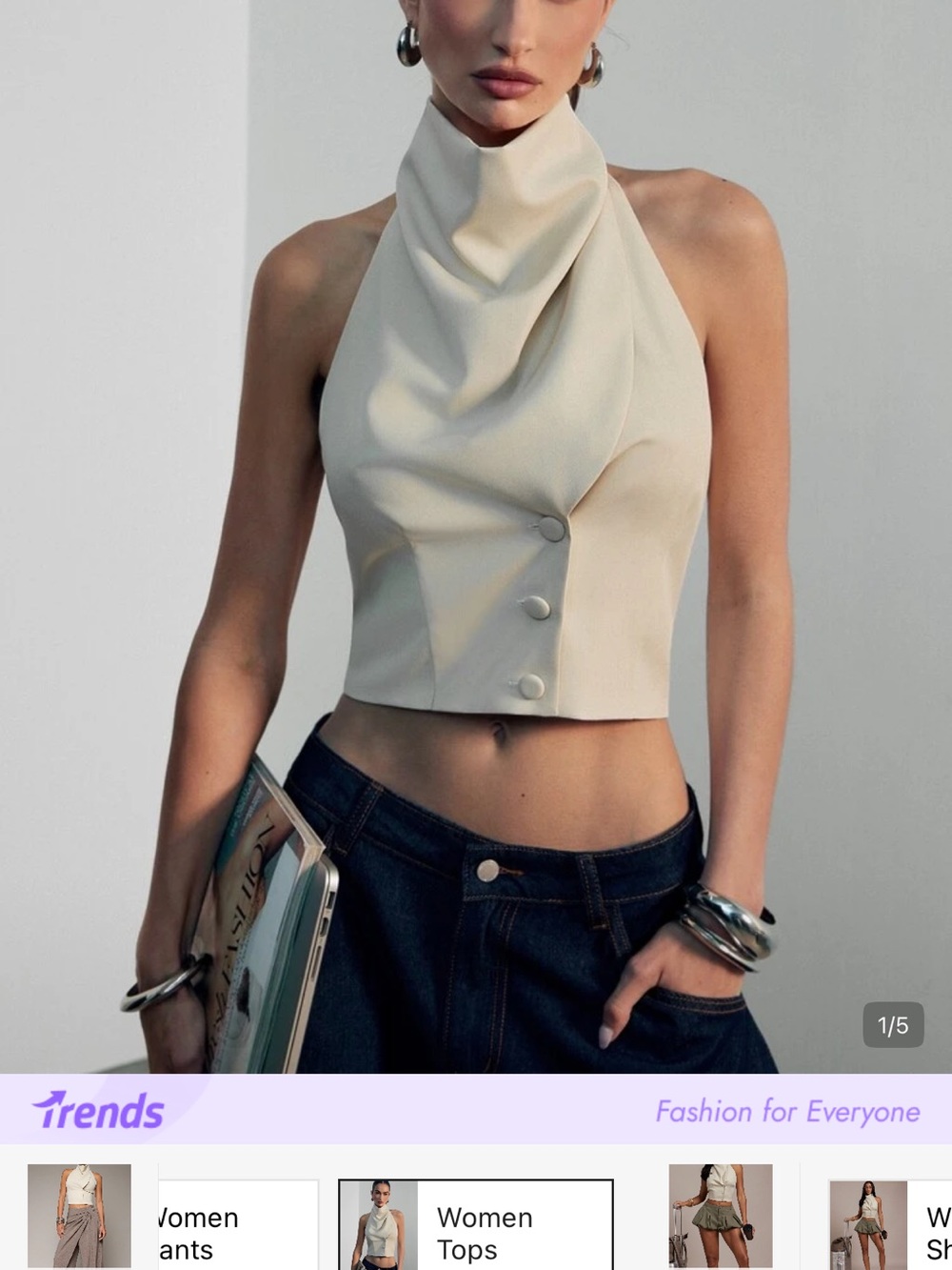 SHEIN Ivory Draped Halter Crop Top with Button Detail